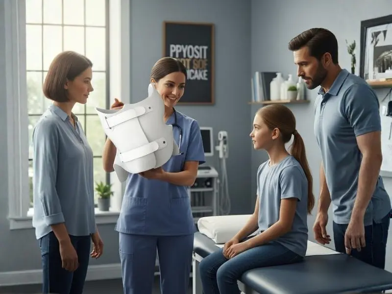 Uma família apoiando a filha a usar um colete para escoliose